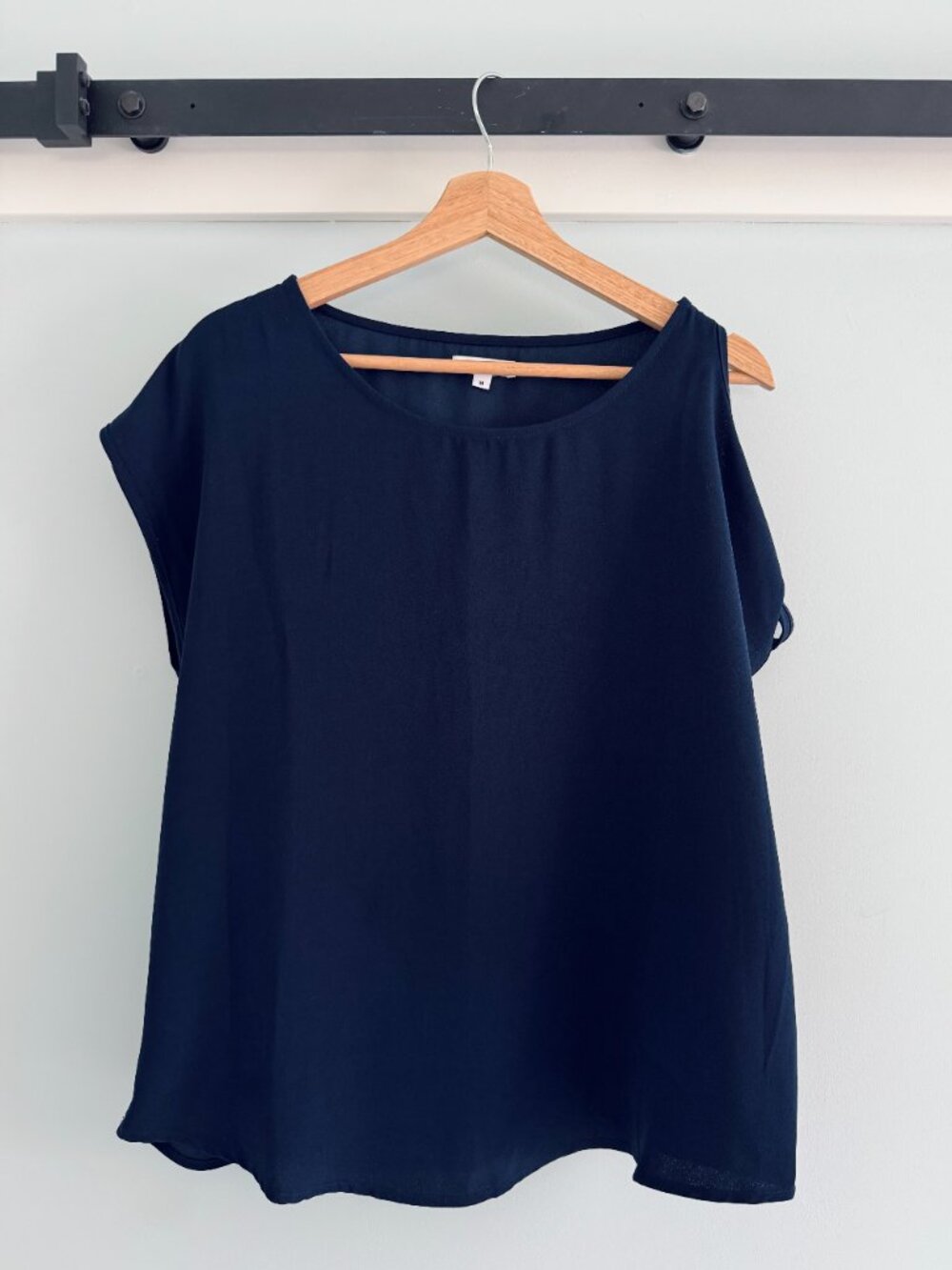 Navy Asymmetrical Tie-Shoulder Blouse – Draped Fit – NWT